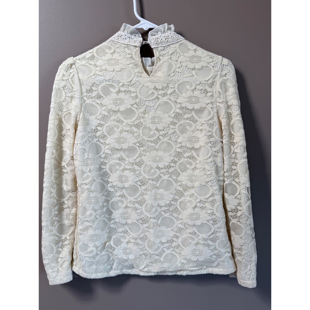 Japanese Fleece Lined Lace Blouse Cream Ruffle Neck Mori Kei Coquette S - Picture 4 of 6